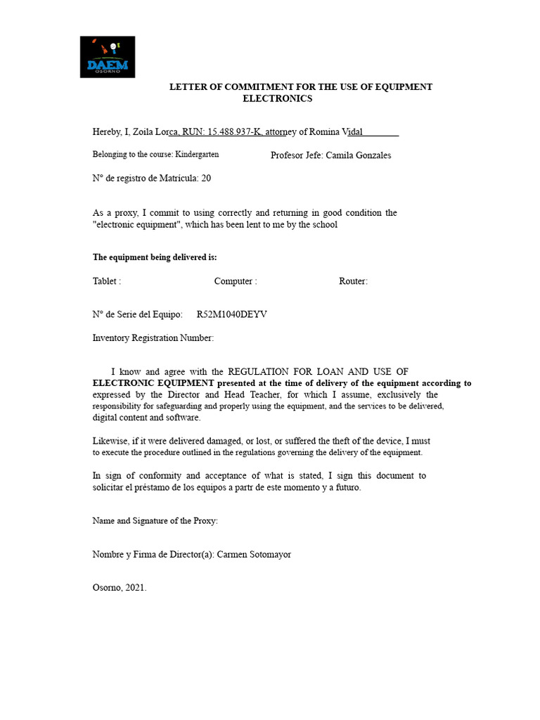 Commitment Letter For The Use of Electronic Equipment - Docx2 | PDF ...