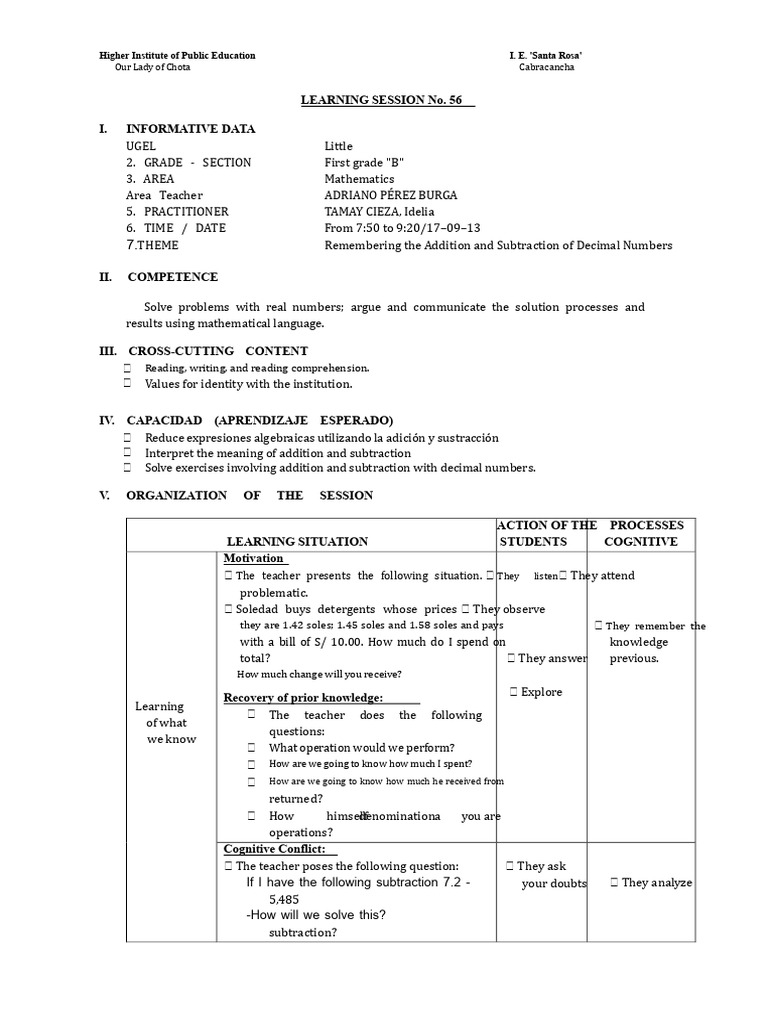 Learning Session N°56 Addition and Subtraction of Decimal Numbers | PDF ...