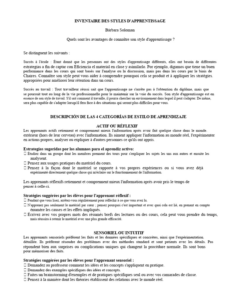 Styles d'apprentissage : Guide pratique | PDF | Apprentissage | Styles ...