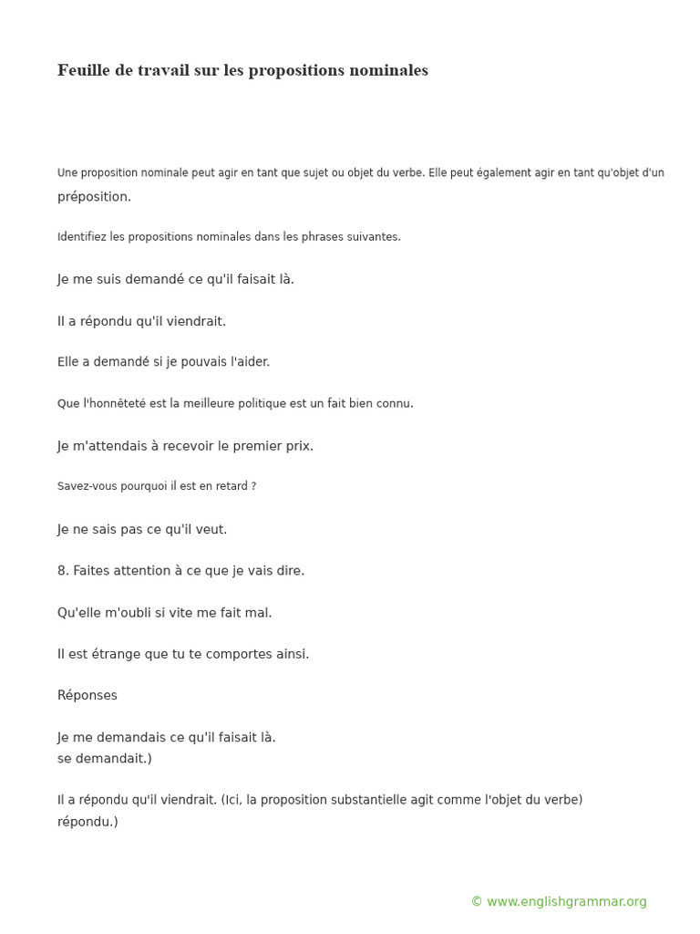 Propositions nominales : exercices et réponses | PDF