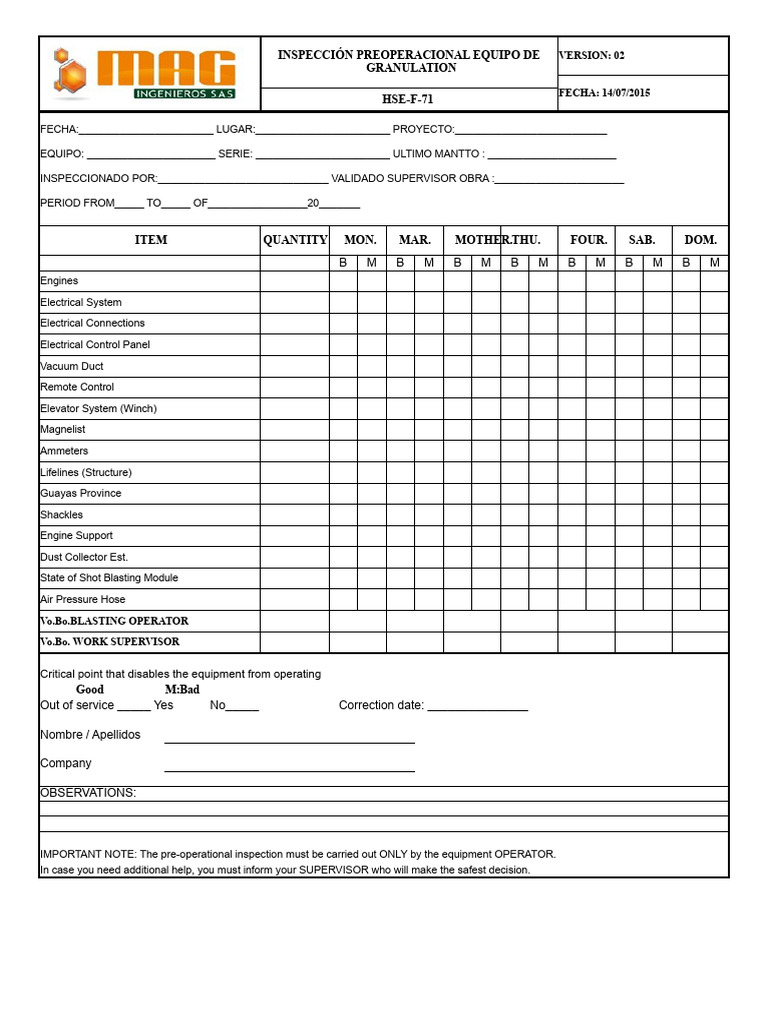 Granulation Equipment Pre-Operational Inspection | PDF