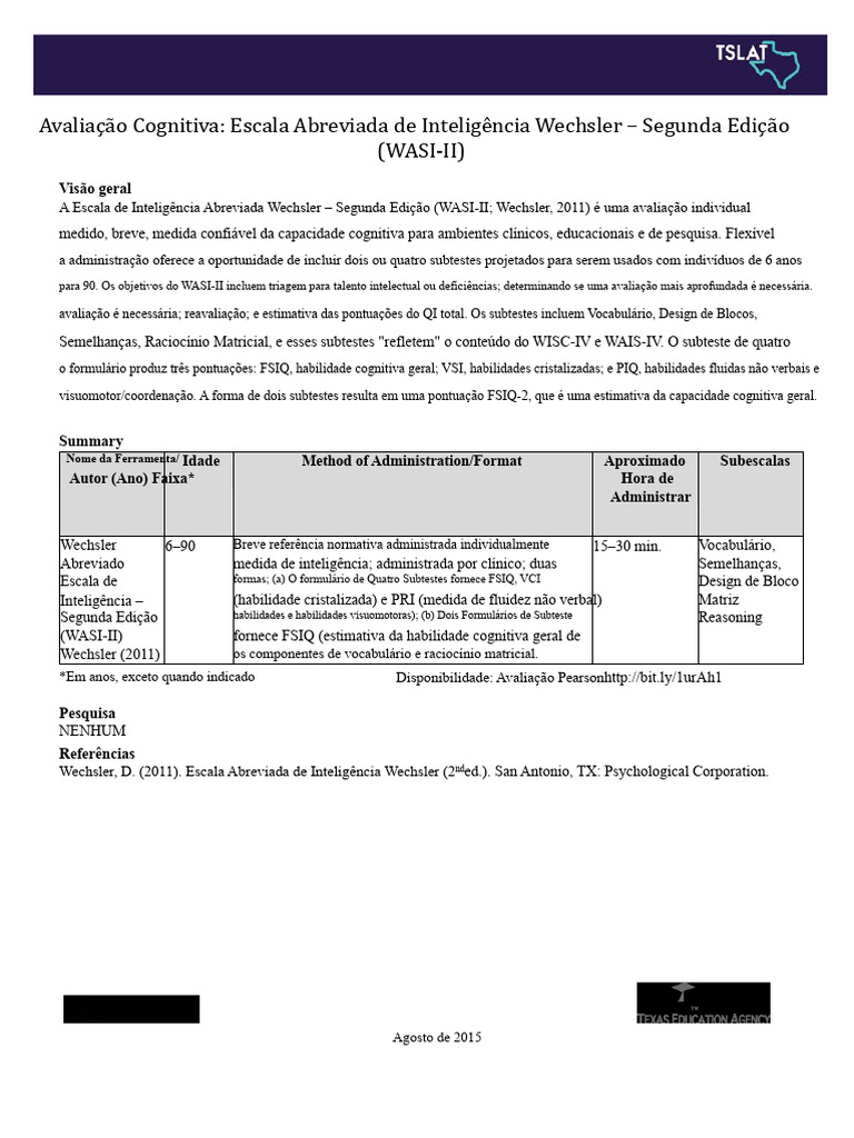 Avaliação WASI-II: Inteligência Abreviada | PDF | Quociente de ...
