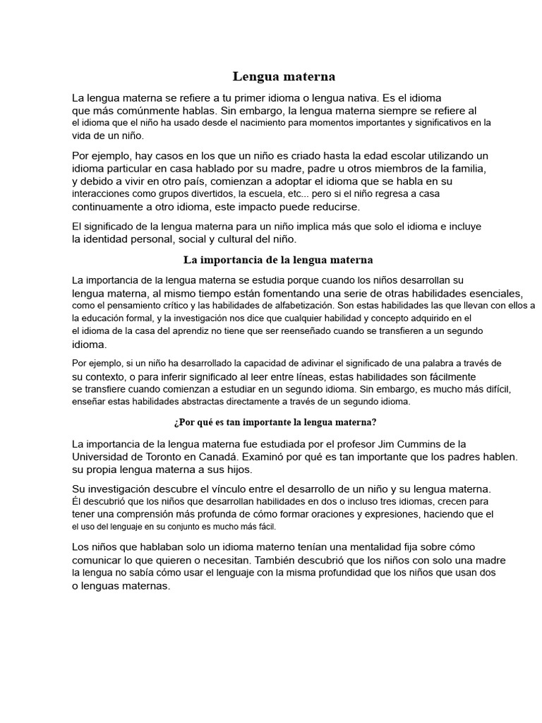 Importancia de la lengua materna en niños | PDF | Primer idioma ...