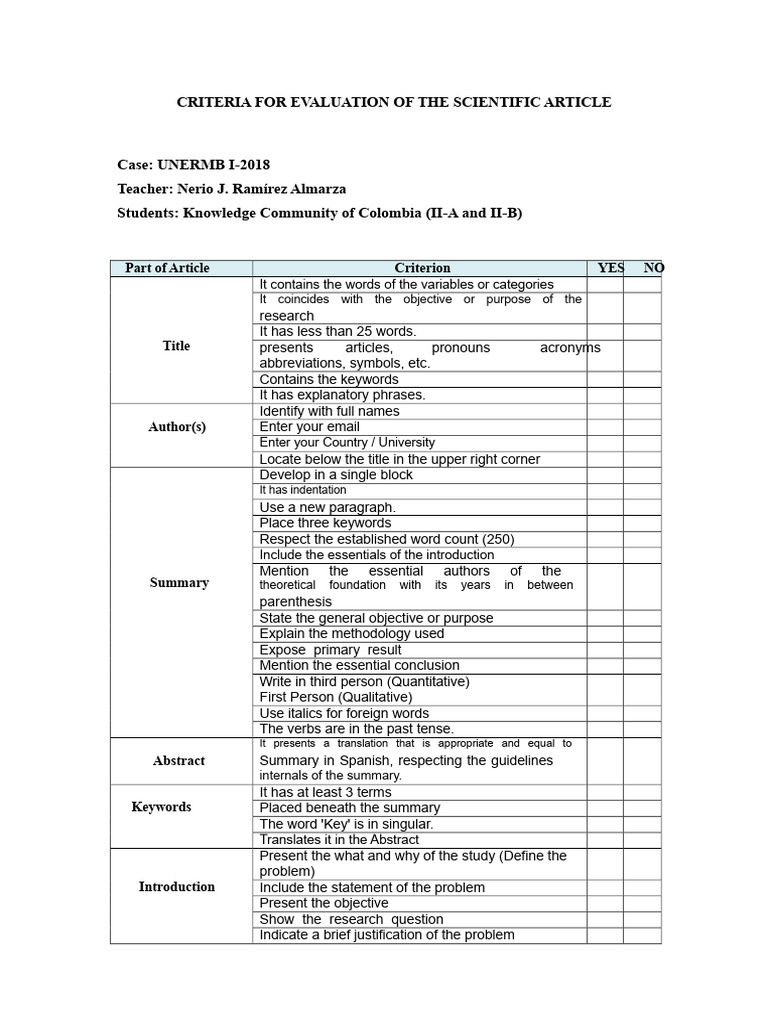 Evaluation Criteria For The Scientific Article | PDF | Theory | Methodology