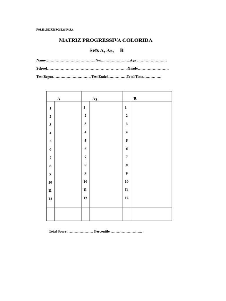 Folha de Respostas: Matriz Progressiva | PDF