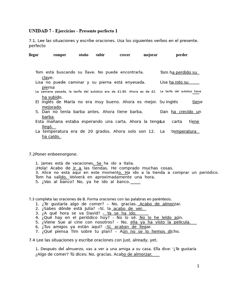 Ejercicios de Presente Perfecto en Inglés | PDF | Almuerzo