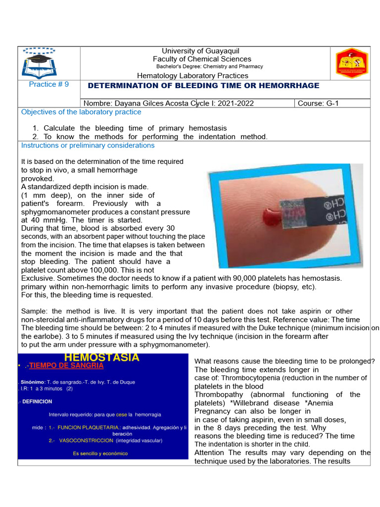 Hematology: Bleeding Time Determination | PDF | Bleeding | Hemostasis