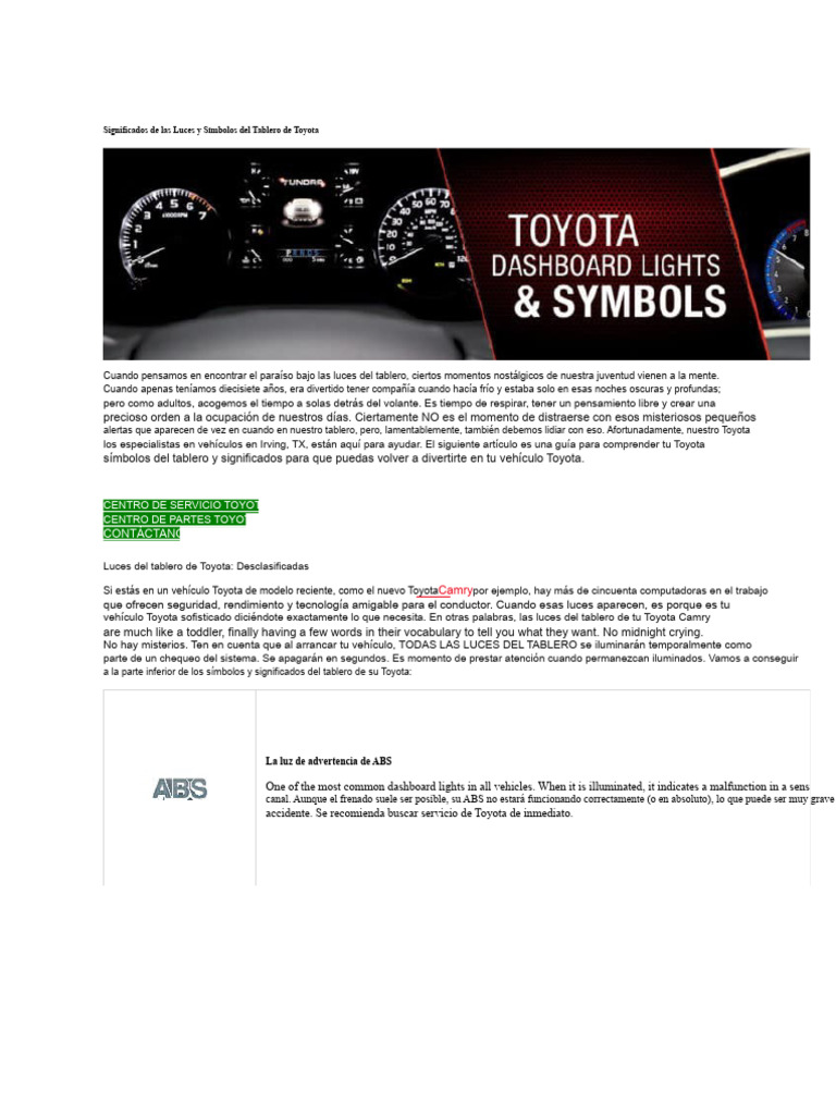 Simbolos Significado De Las Luces Del Tablero Toyota Corollanull