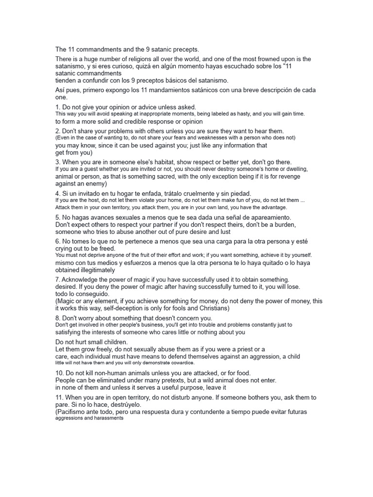 The 11 Commandments and The 9 Satanic Precepts | PDF
