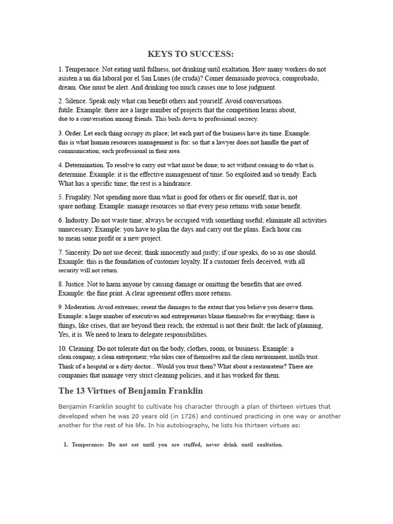 The 10 Keys To Success and The 13 Virtues of Benjamin Franklin | PDF ...