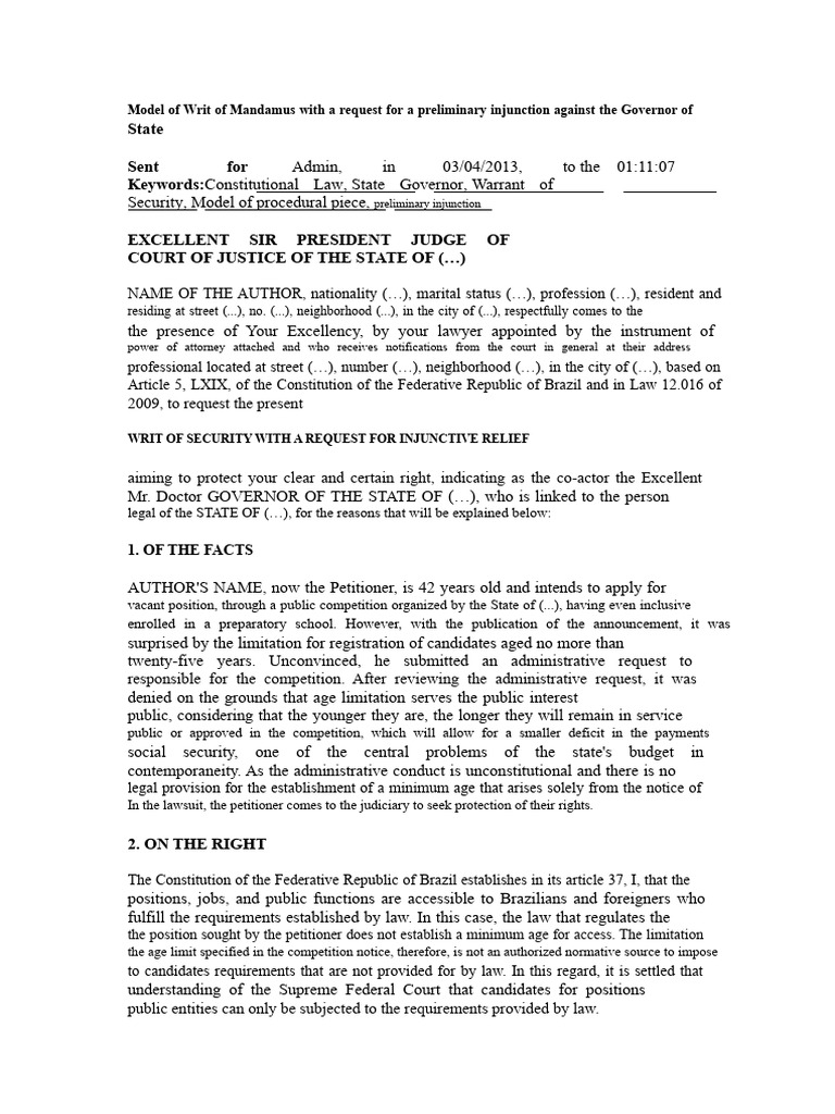 Model of Writ of Mandamus with Urgent Request Against State Governor ...