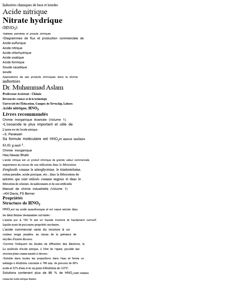 Fabrication et applications de l'acide nitrique | PDF | Acide nitrique ...