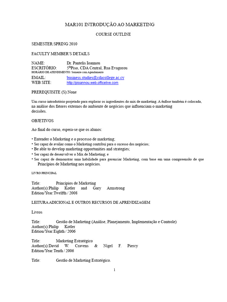Introdução ao Marketing: Curso MAR101 | PDF | Marketing | Cadeia de ...