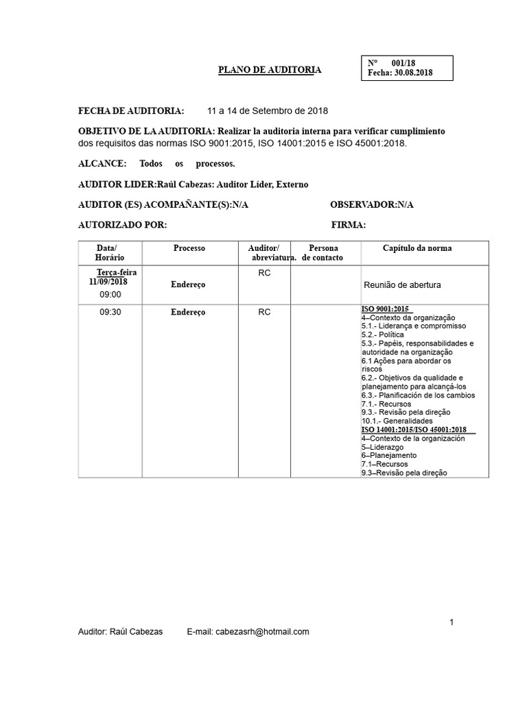 Plano de Auditoria ISO 9001, 14001 e 45001 | PDF | Economias | Controle ...
