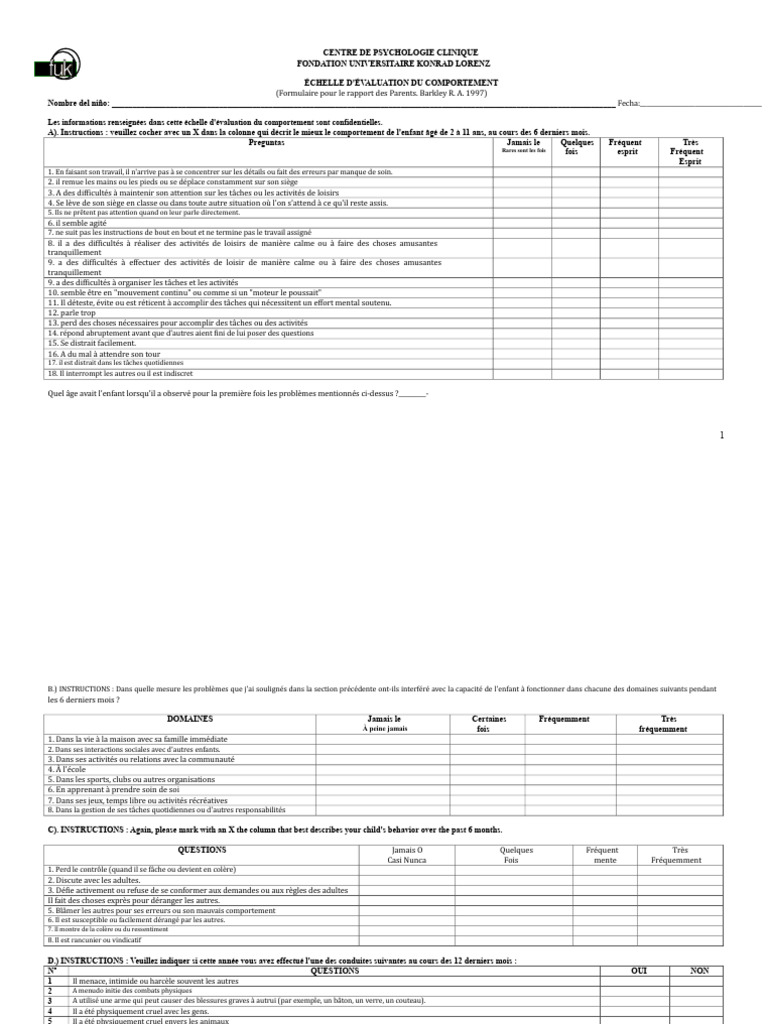 Échelle d'évaluation du comportement enfantin | PDF | Psychologie