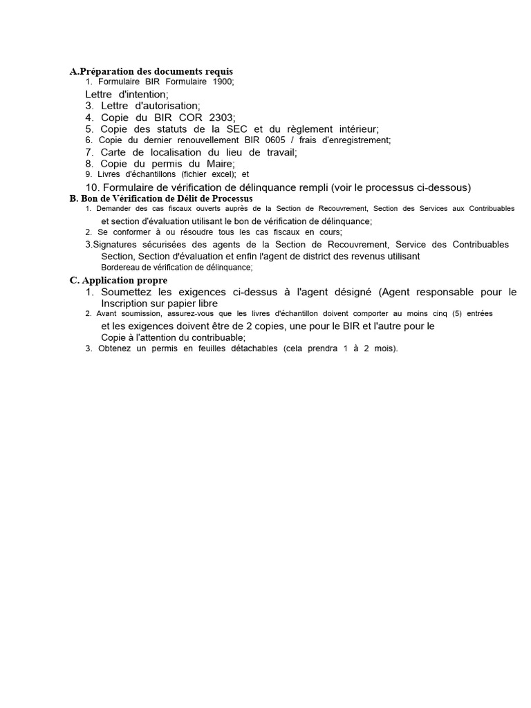 Documents requis pour l'inscription BIR | PDF