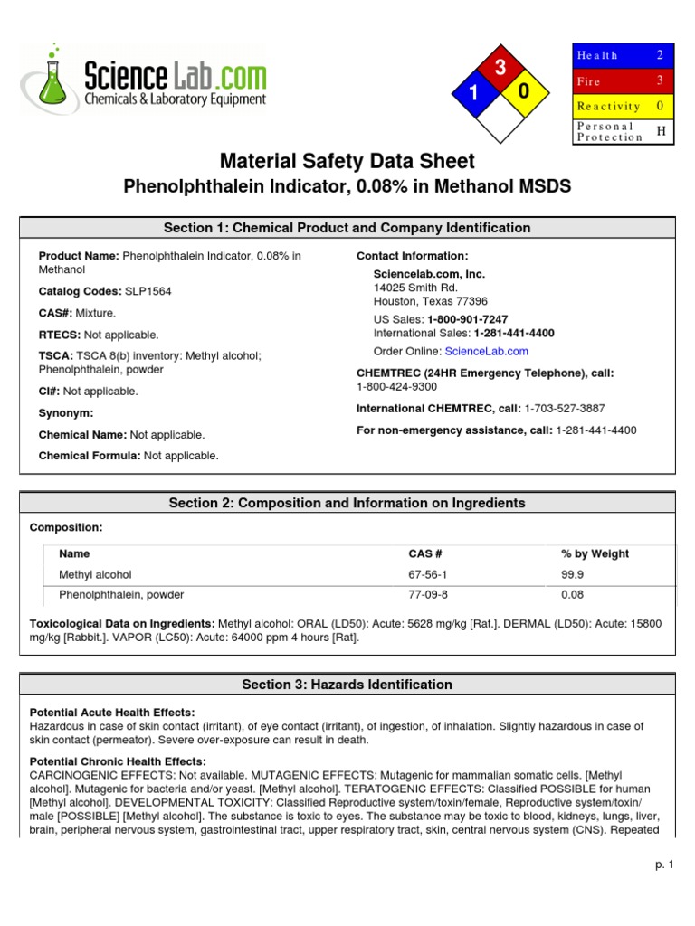 16. Phenolphthalein Indicator | Methanol | Flammability