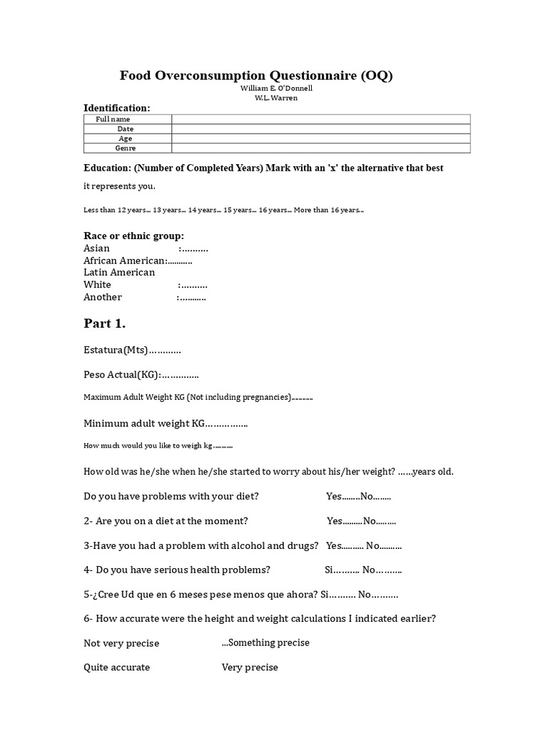 Food Overconsumption Questionnaire (Data Collection Format) | PDF ...