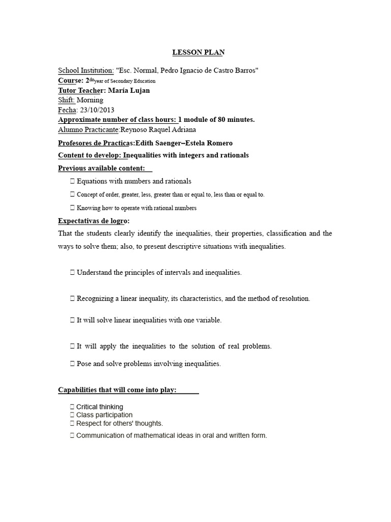 Lesson Plan Inequalities | PDF | Equations | Knowledge