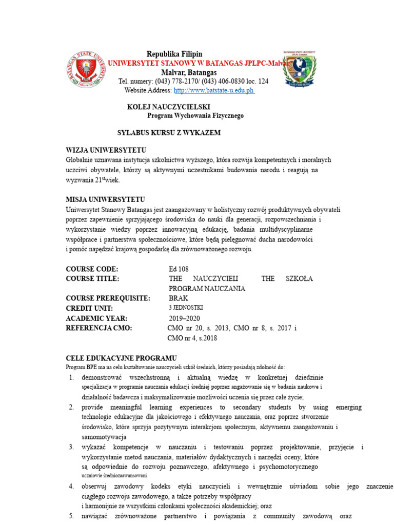 Ed 108 Nauczyciel I Program Nauczania BPE | PDF