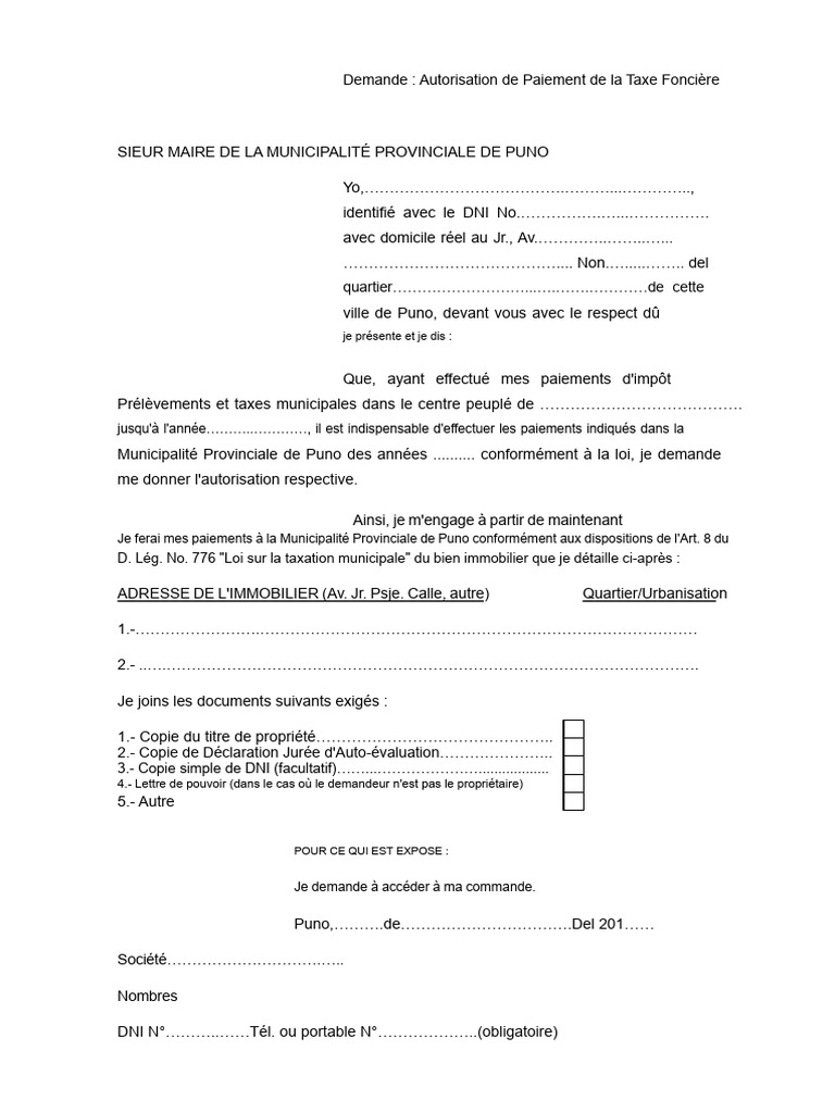 Demande d'Autorisation de Paiement Taxe Foncière | PDF