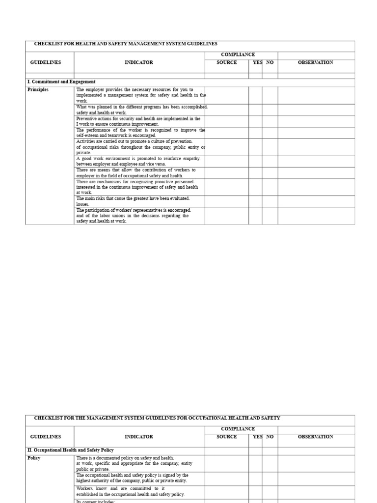 Health and Safety Management Checklist | PDF | Occupational Safety And ...