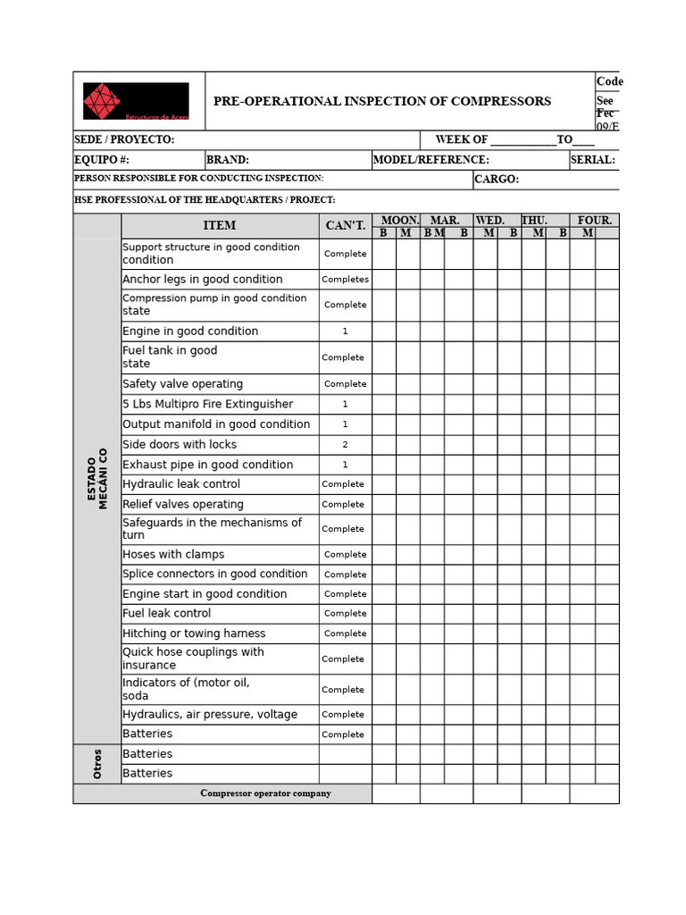Compressor Pre-Operational Inspection Checklist | PDF | Machines ...