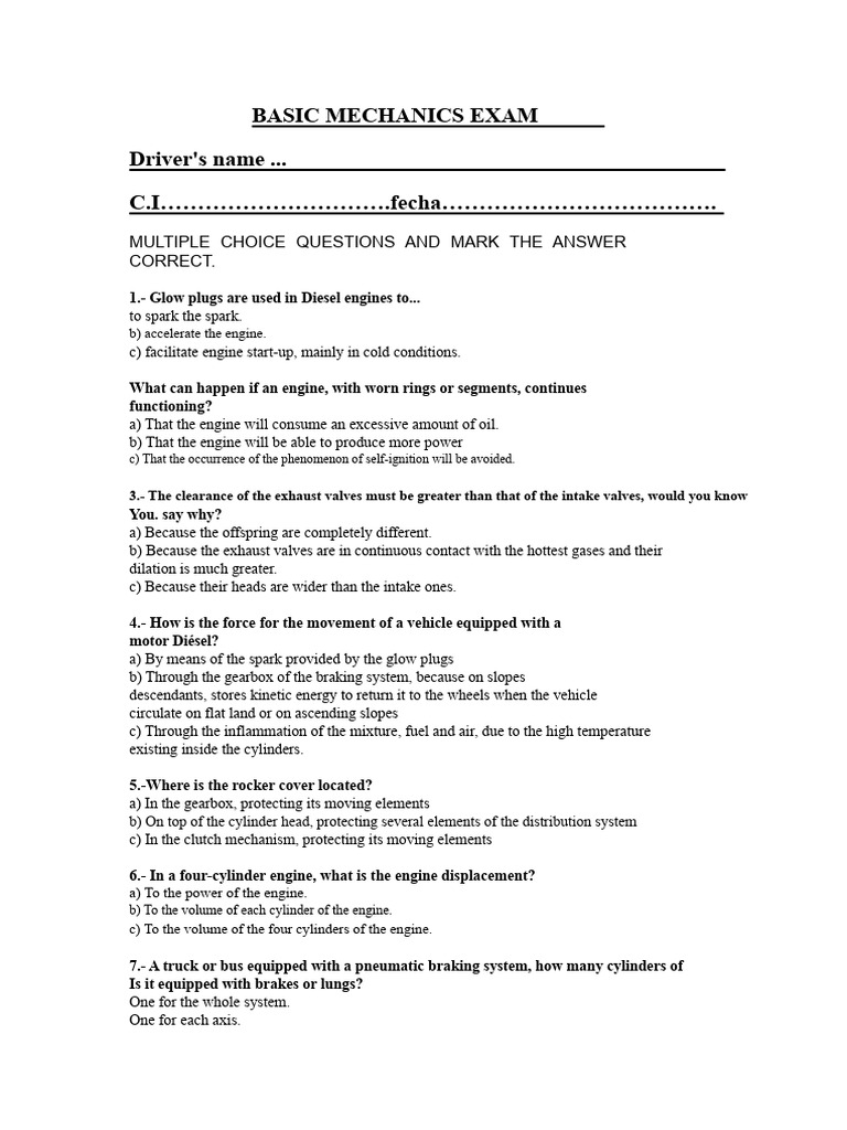 Diesel Engine Mechanics Exam Questions | PDF | Internal Combustion ...