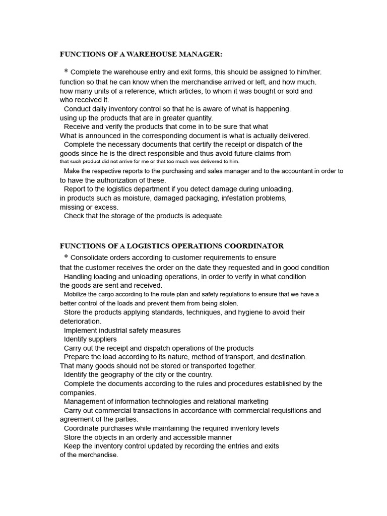 Warehouse Manager & Logistics Coordinator Roles | PDF | Warehouse ...