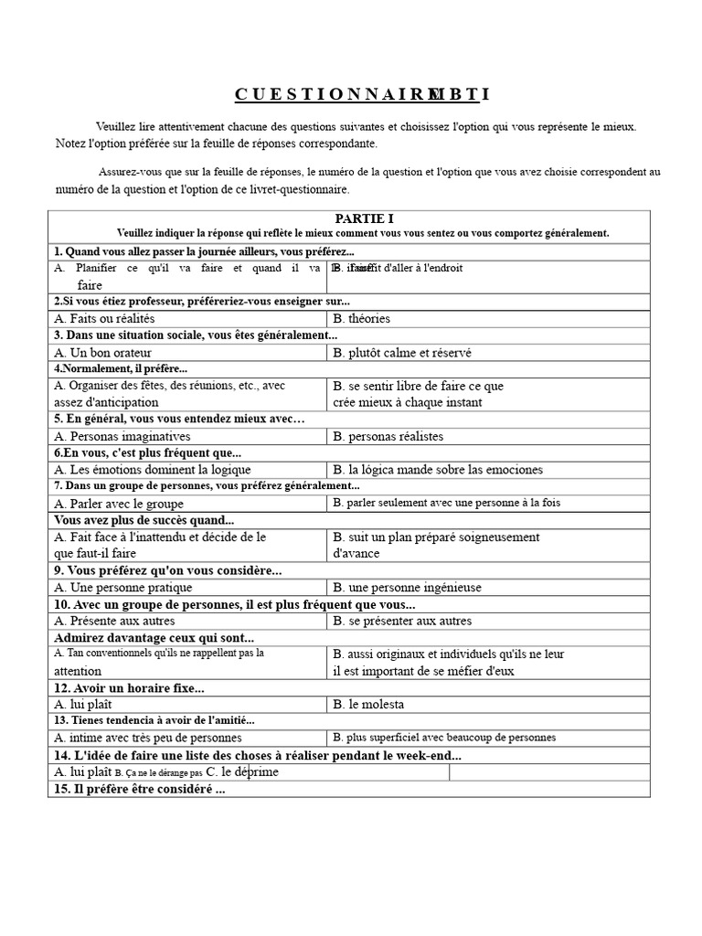 Questionnaire de personnalité MBTI | PDF