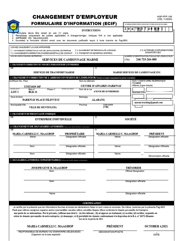 Changement d'Employeur : Formulaire ECIF | PDF