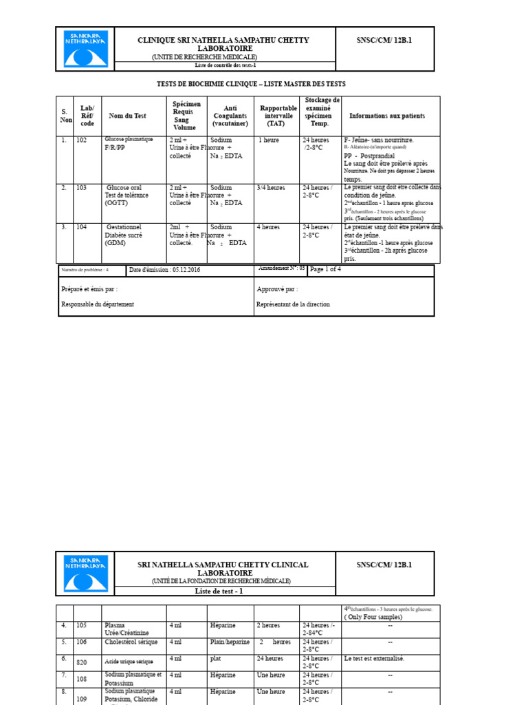Liste des tests de biochimie clinique | PDF | Urine | Glucose
