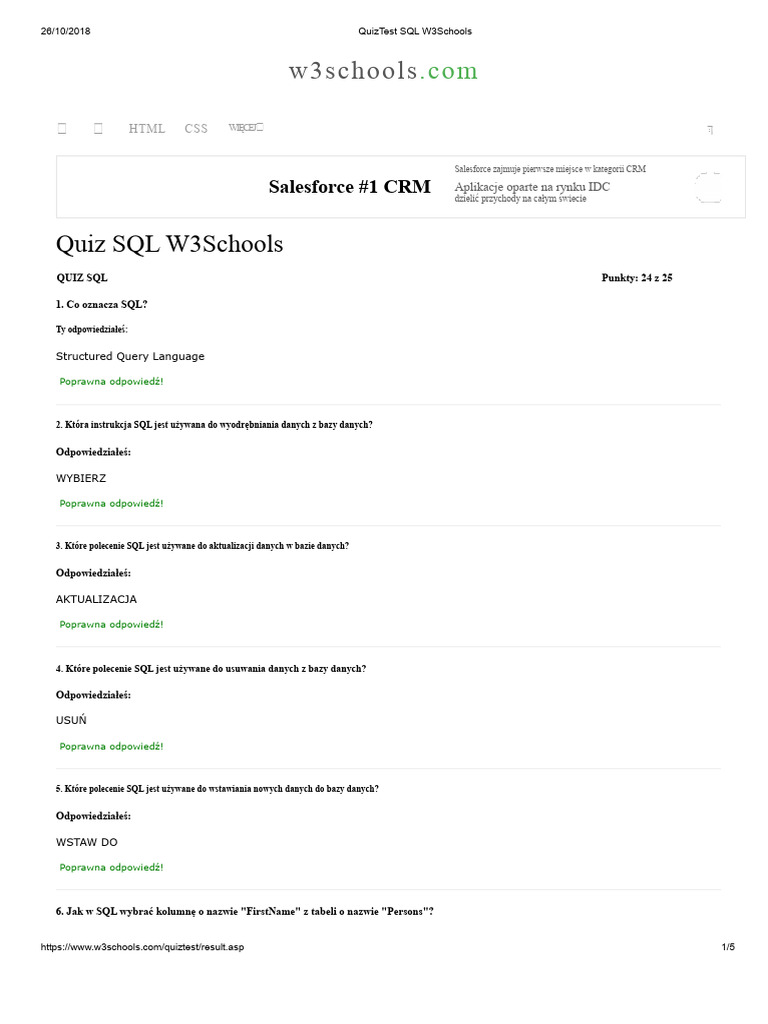 Test Quiz SQL W3Schools | PDF