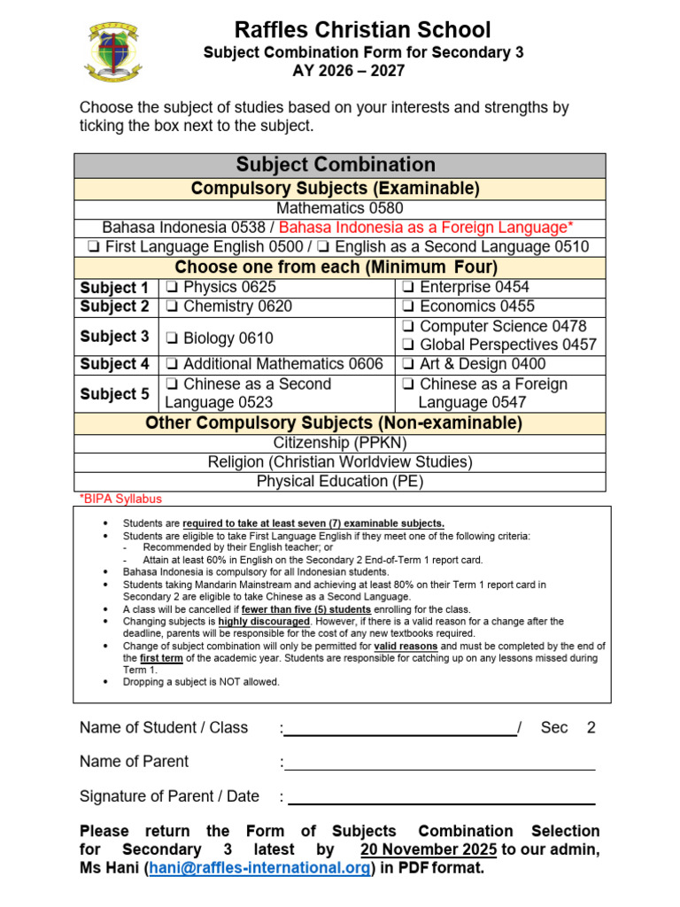 FORM - Secondary 3 Subject Combination AY 2026-2027 (Pondok Indah) | PDF
