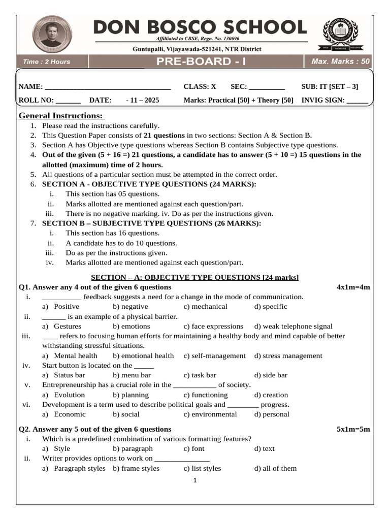 IT Class X Question Paper Set 3 | PDF | Spreadsheet | Databases