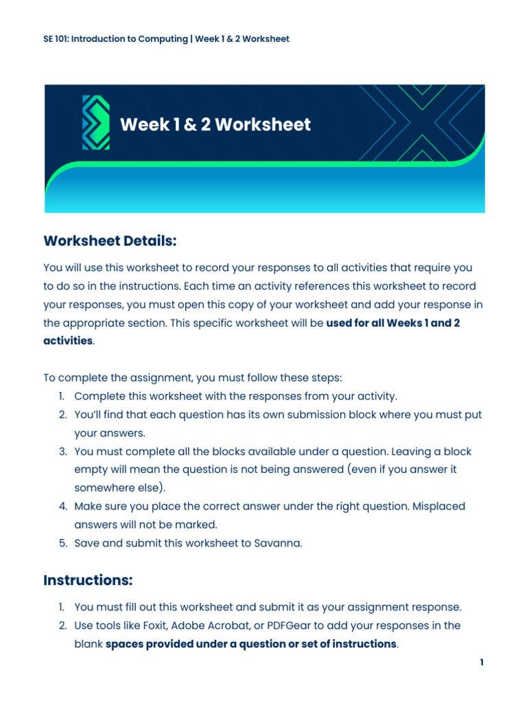 SE 101: Computing Worksheet for Weeks 1-2 | PDF | Computer Data Storage ...