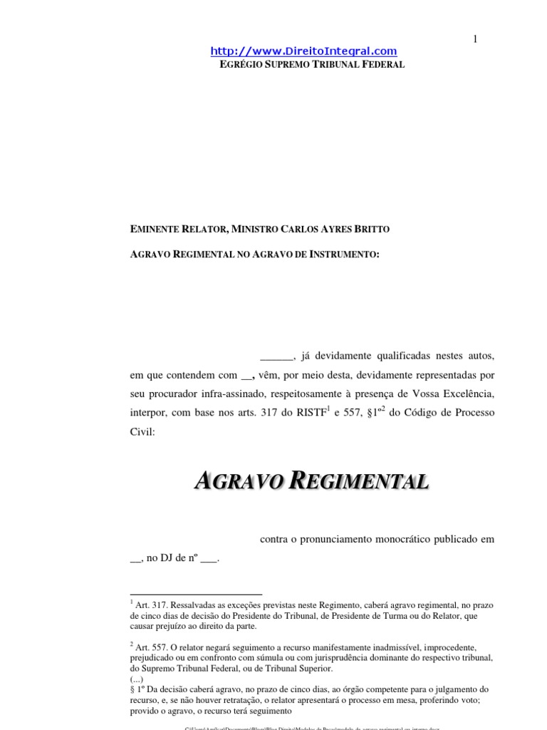 Modelo De Agravo Regimental Ou Interno
