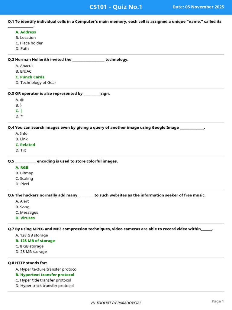 Quiz CS101 1 | PDF