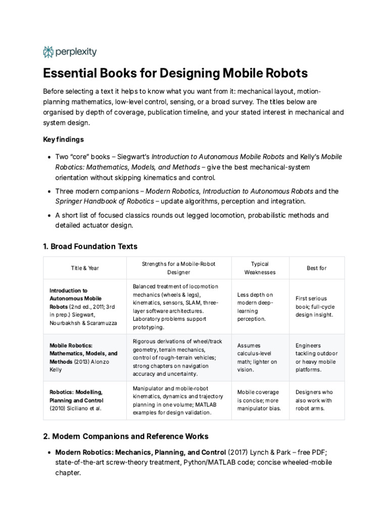 Essential Books for Mobile Robot Design | PDF | Robotics | Robot