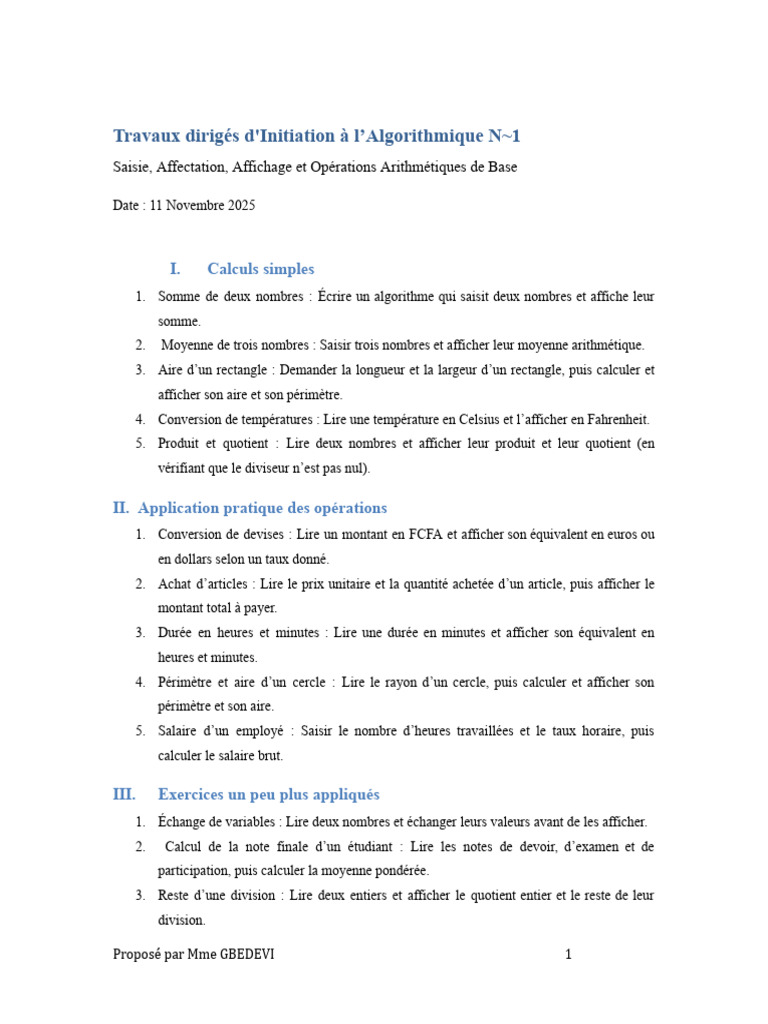Initiation à l'Algorithmique : Exercices de Base | PDF | Taxe sur la ...