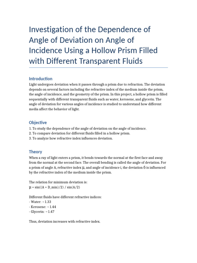 Angle of Deviation in Hollow Prism Experiment | PDF | Refraction | Optics