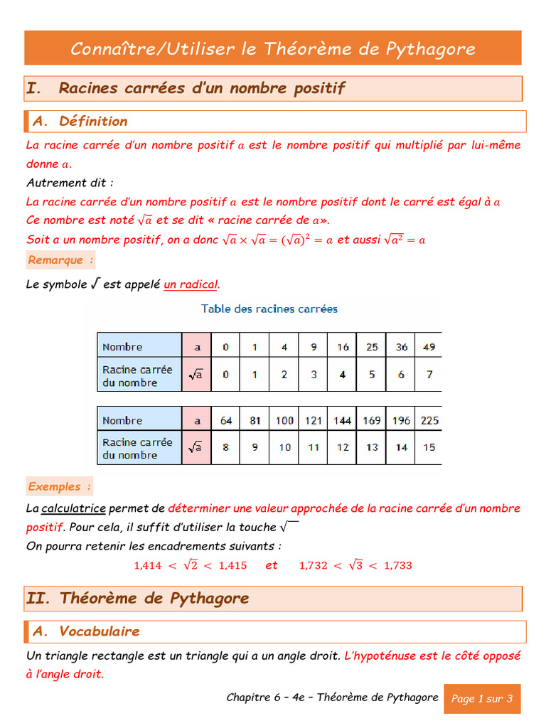 Théorème de Pythagore et racines carrées | PDF | Racine carrée ...