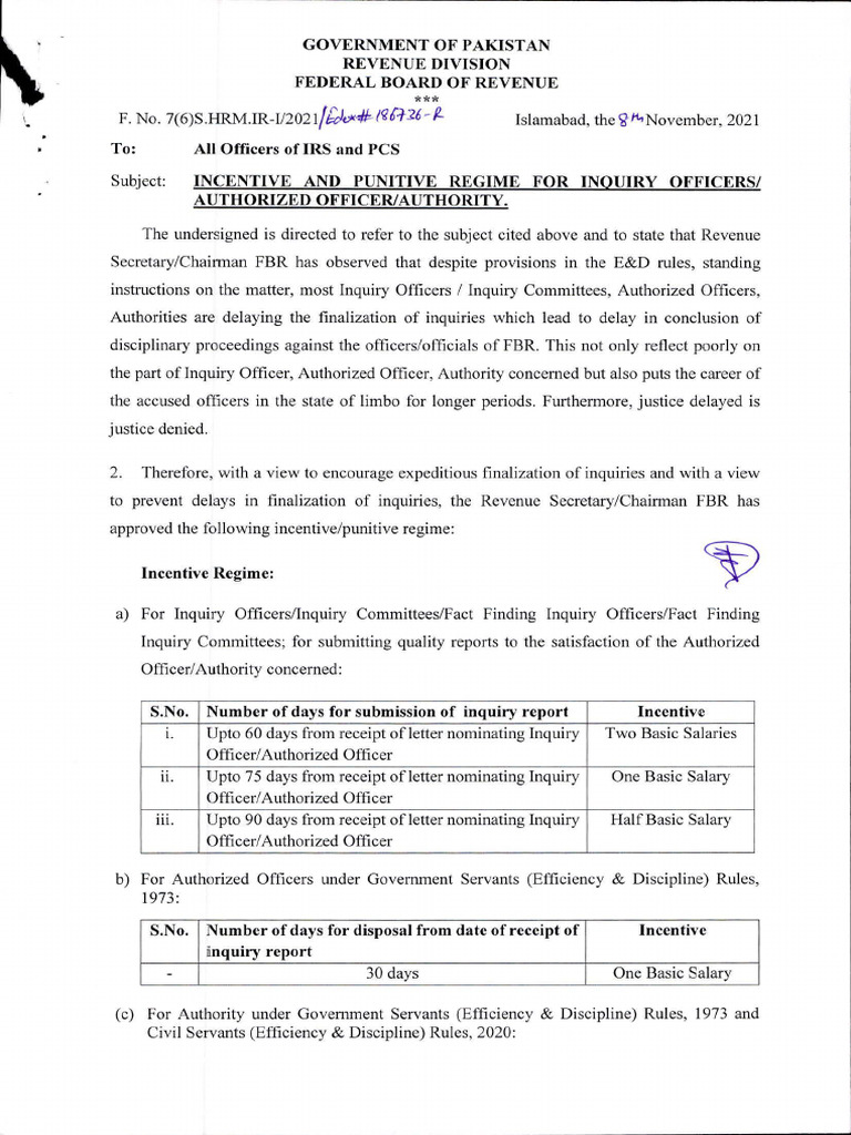 FBR Inquiry Officers Incentive Guidelines | PDF | Public Law | Government