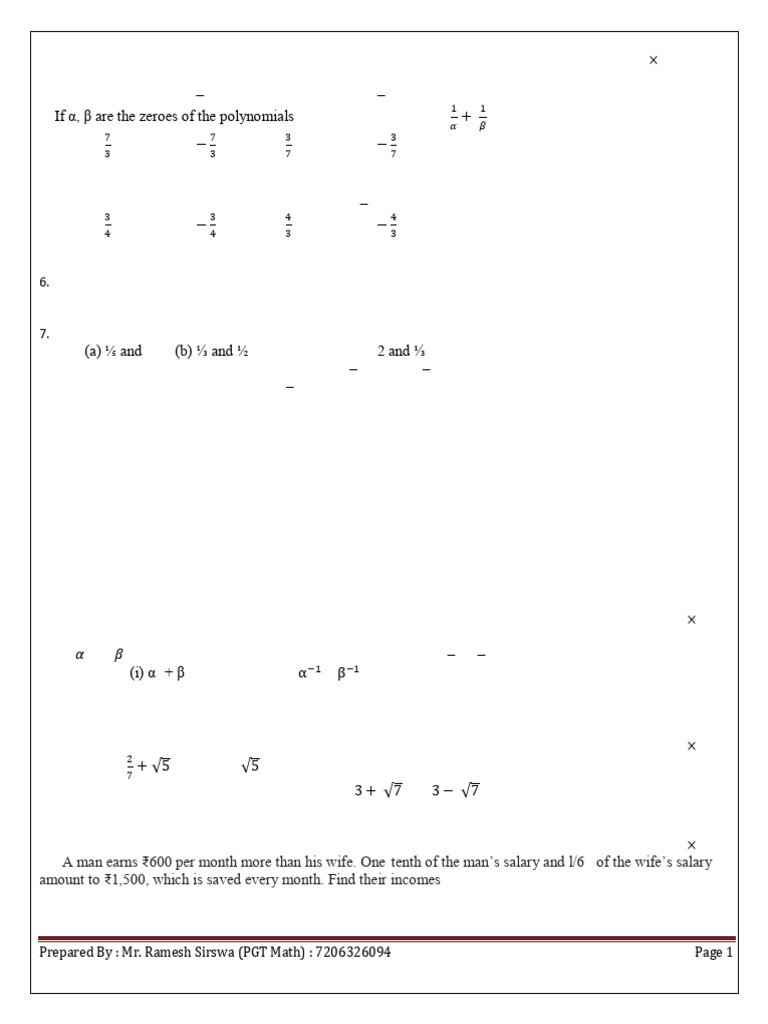 Class 10 Math Test Paper with Solutions | PDF | Numbers | Polynomial