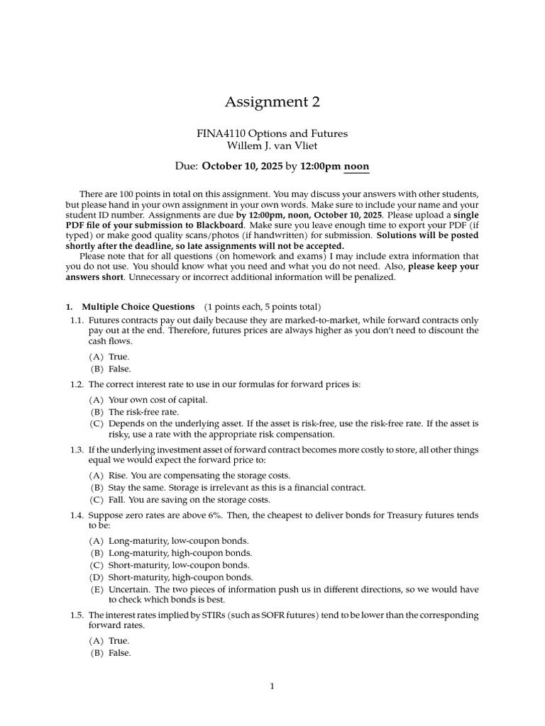 FINA4110 Options and Futures Assignment | PDF | Futures Contract | West ...