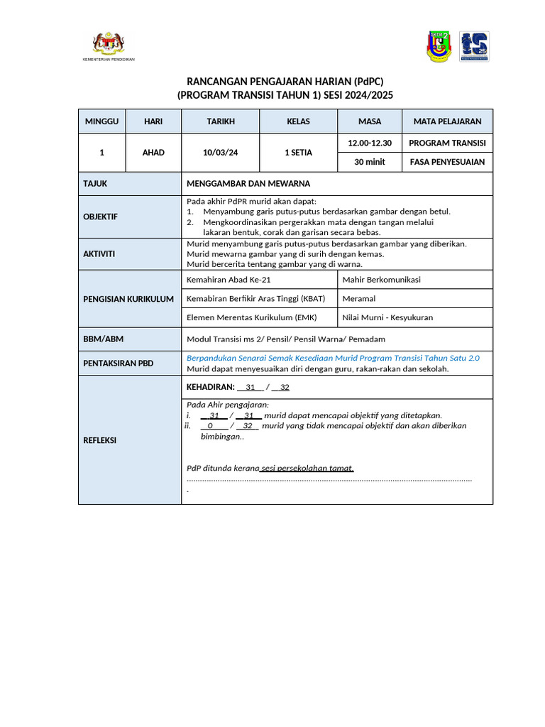 Rancangan Pengajaran Program Transisi | PDF