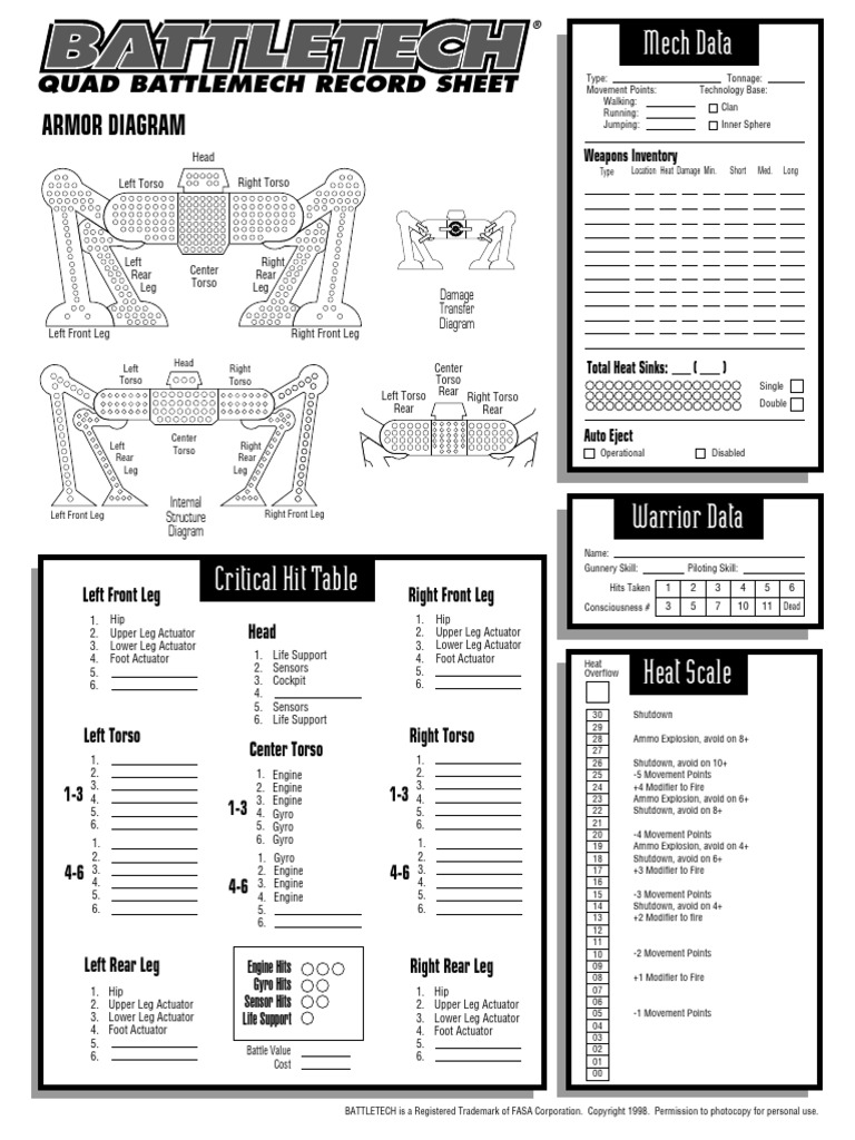Quad BattleMech Record Sheet Guide | PDF