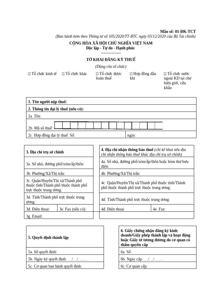 To Khai Dang Ky Thue Mau 01 DK TCT | PDF