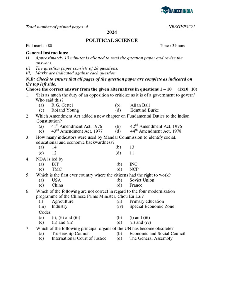 Political Science Exam Question Paper | PDF | Jawaharlal Nehru | United ...