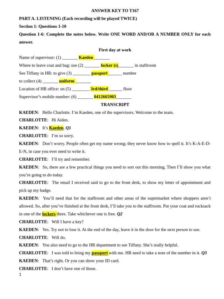 Answer Key for T167 Listening Test | PDF | Koala